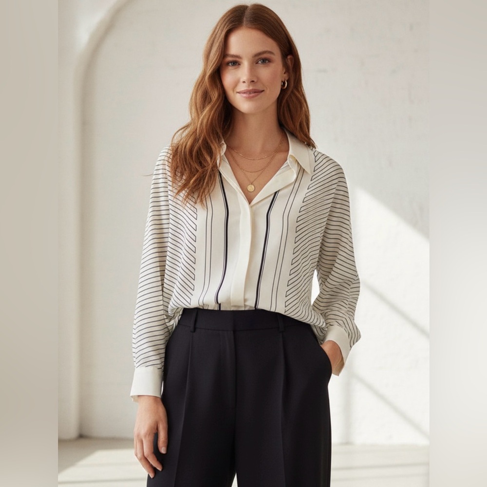 Mango NWT Cream & Black Striped Lineas Geometric Button Down Shirt | Sz S